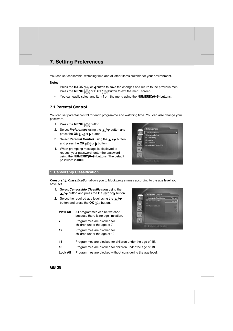 Setting preferences, 1 parental control, Gb 38 | Humax IR-FOX C User Manual | Page 39 / 64