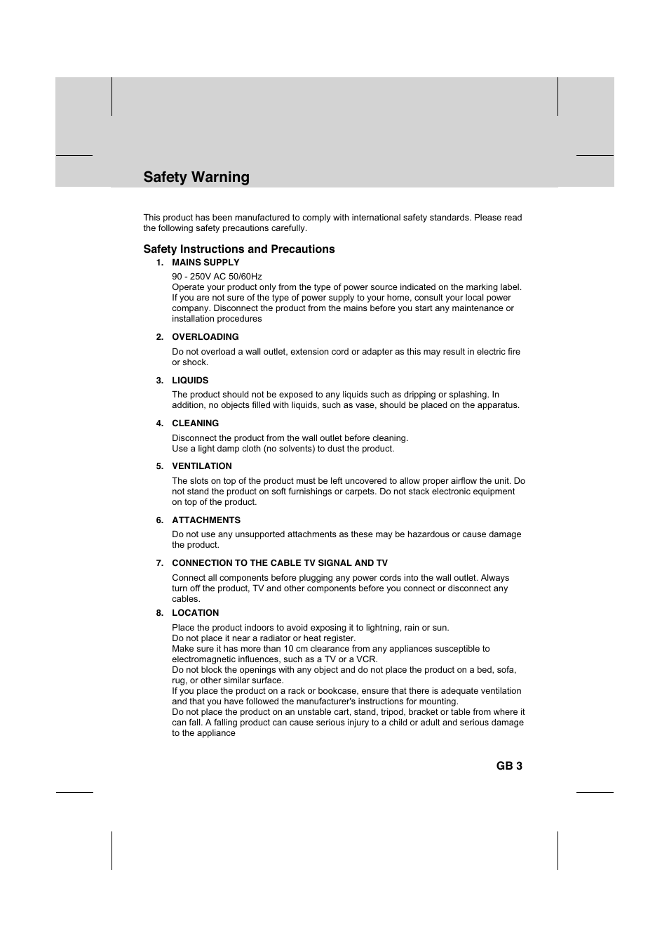 Safety warning, Safety instructions and precautions, Gb 3 | Humax IR-FOX C User Manual | Page 4 / 64