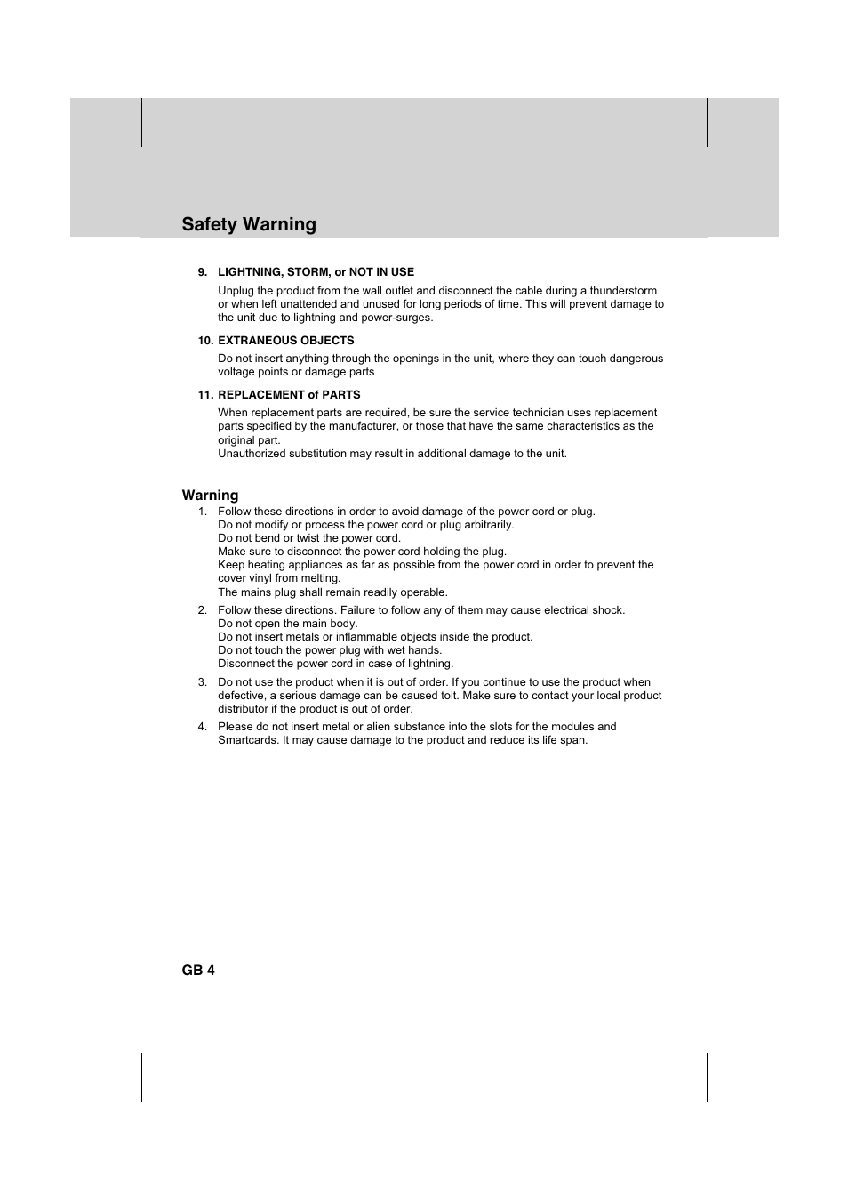 Safety warning, Warning, Gb 4 | Humax IR-FOX C User Manual | Page 5 / 64