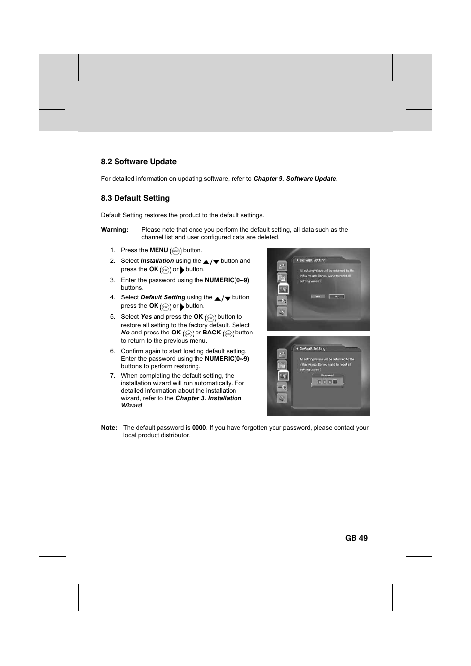 2 software update, 3 default setting, Gb 49 | Humax IR-FOX C User Manual | Page 50 / 64