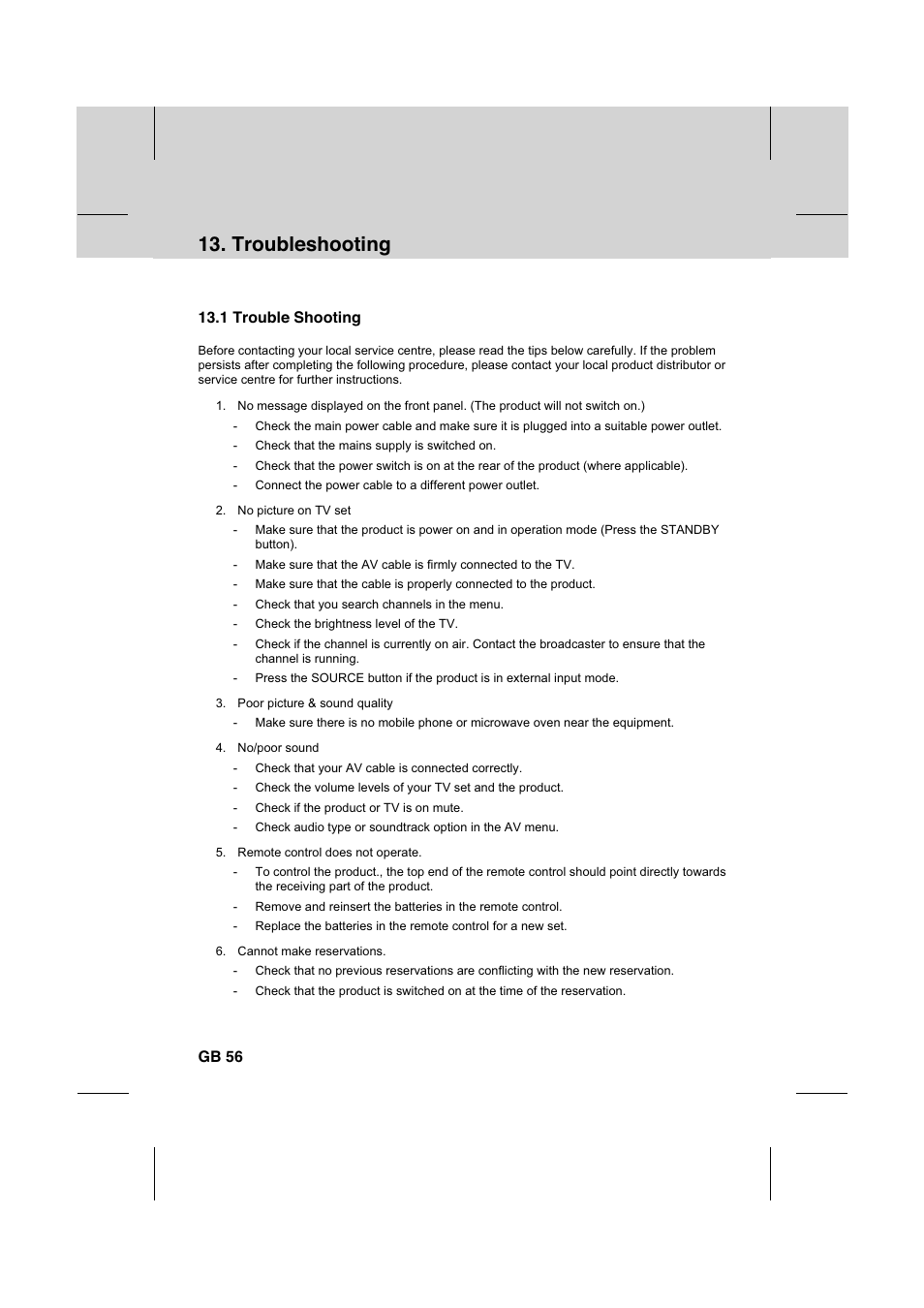 Troubleshooting, 1 trouble shooting, Gb 56 | Humax IR-FOX C User Manual | Page 57 / 64