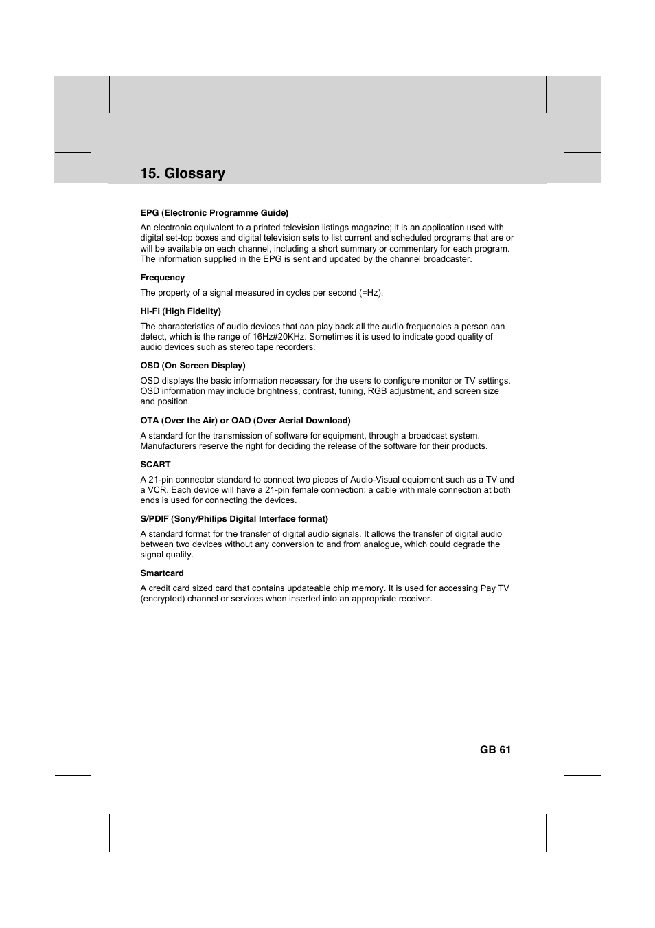 Glossary, Gb 61 | Humax IR-FOX C User Manual | Page 62 / 64