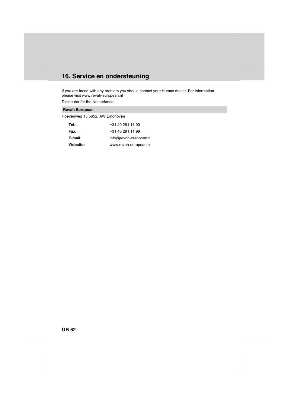 Service en ondersteuning | Humax IR-FOX C User Manual | Page 63 / 64