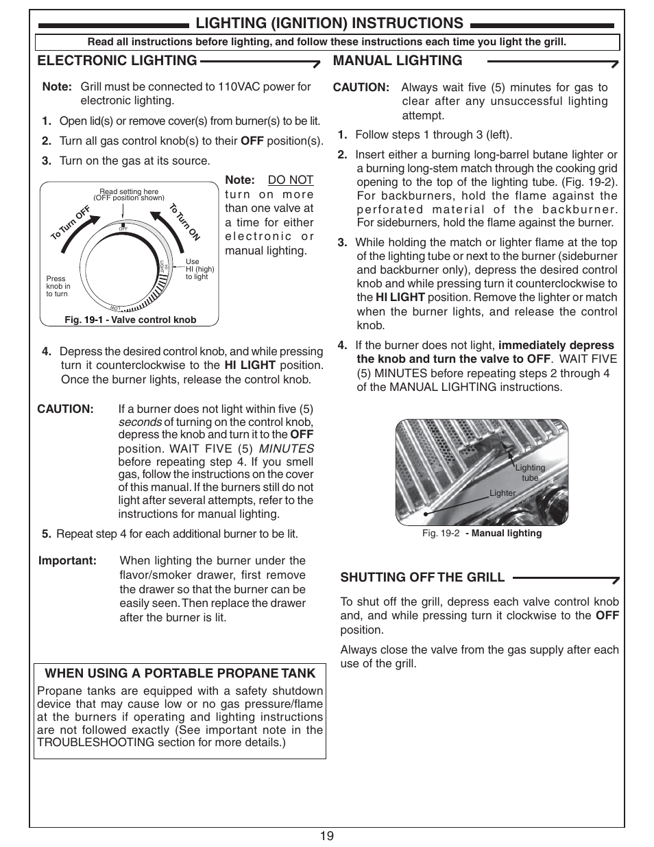 Lighting (ignition) instructions, Electronic lighting, Manual lighting | 19 shutting off the grill, When using a portable propane tank | Fire Magic ECHELON E660 User Manual | Page 19 / 38
