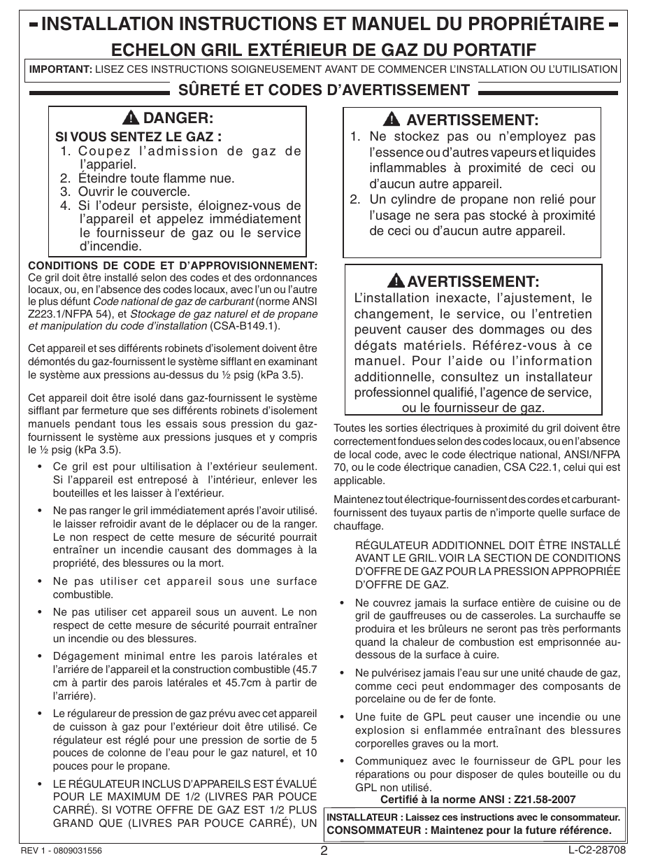 Echelon gril extérieur de gaz du portatif, Danger, Avertissement | Sûreté et codes d’avertissement | Fire Magic ECHELON E660 User Manual | Page 2 / 38