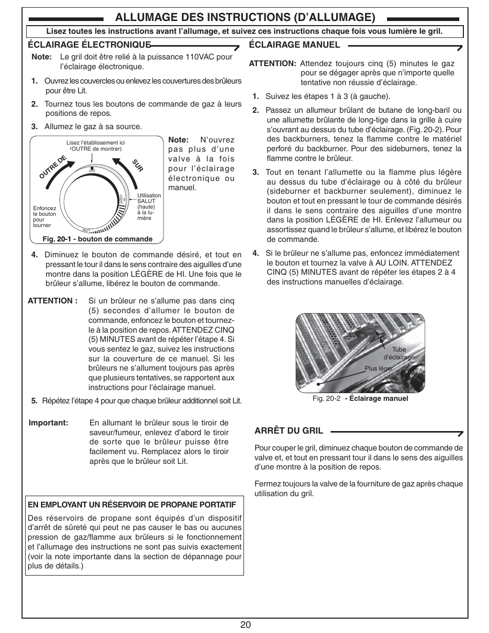 Allumage des instructions (d’allumage), Arrêt du gril, Éclairage électronique | Éclairage manuel | Fire Magic ECHELON E660 User Manual | Page 20 / 38