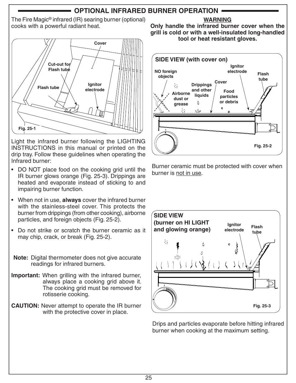Optional infrared burner operation, 25 the fire magic, Side view (burner on hi light and glowing orange) | Side view (with cover on) | Fire Magic ECHELON E660 User Manual | Page 25 / 38