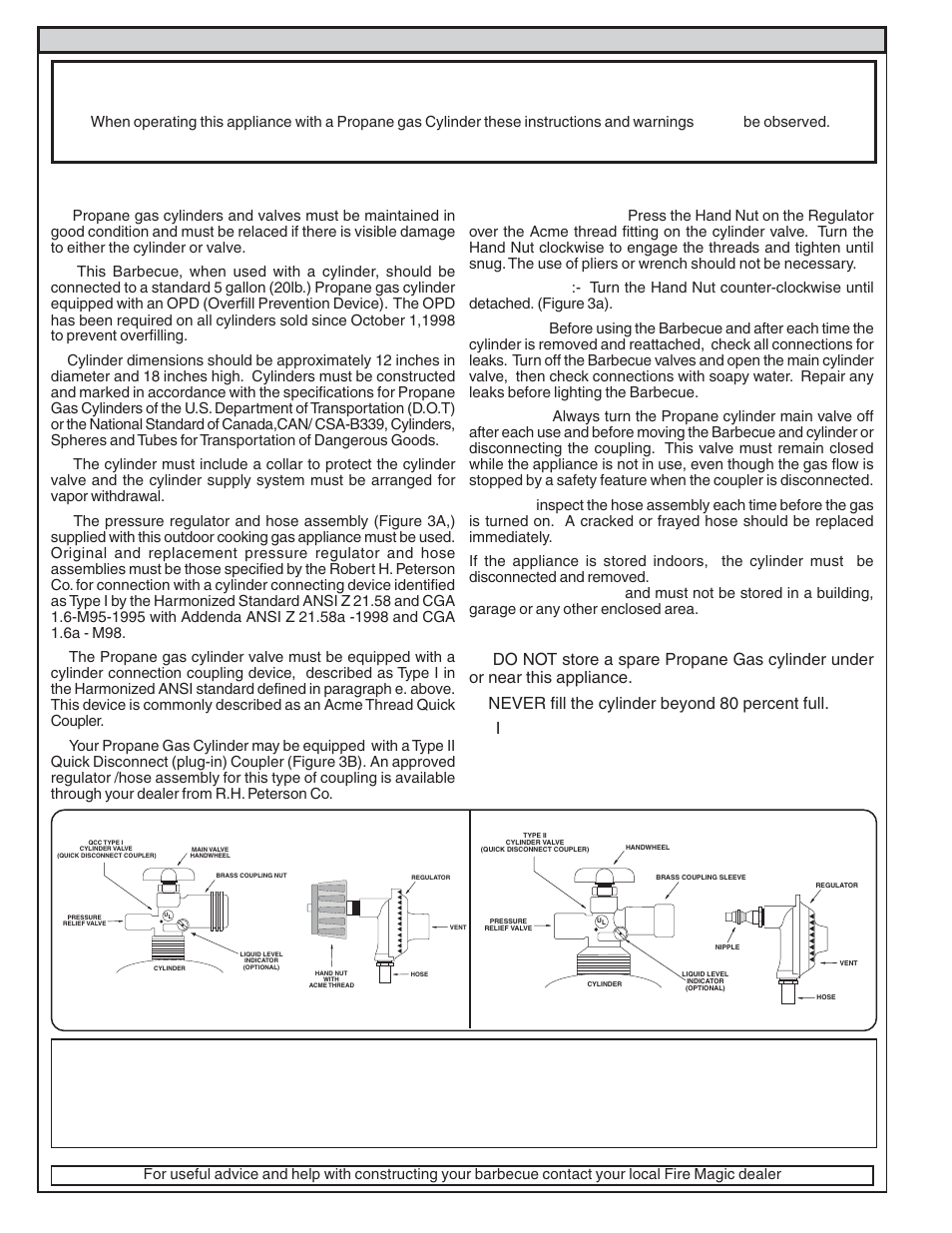 Safe use & maintenance of propane gas cylinders, Type ii quick disconnect coupler, Type i acme thread quick coupler | Fire Magic Elite 50 User Manual | Page 6 / 16
