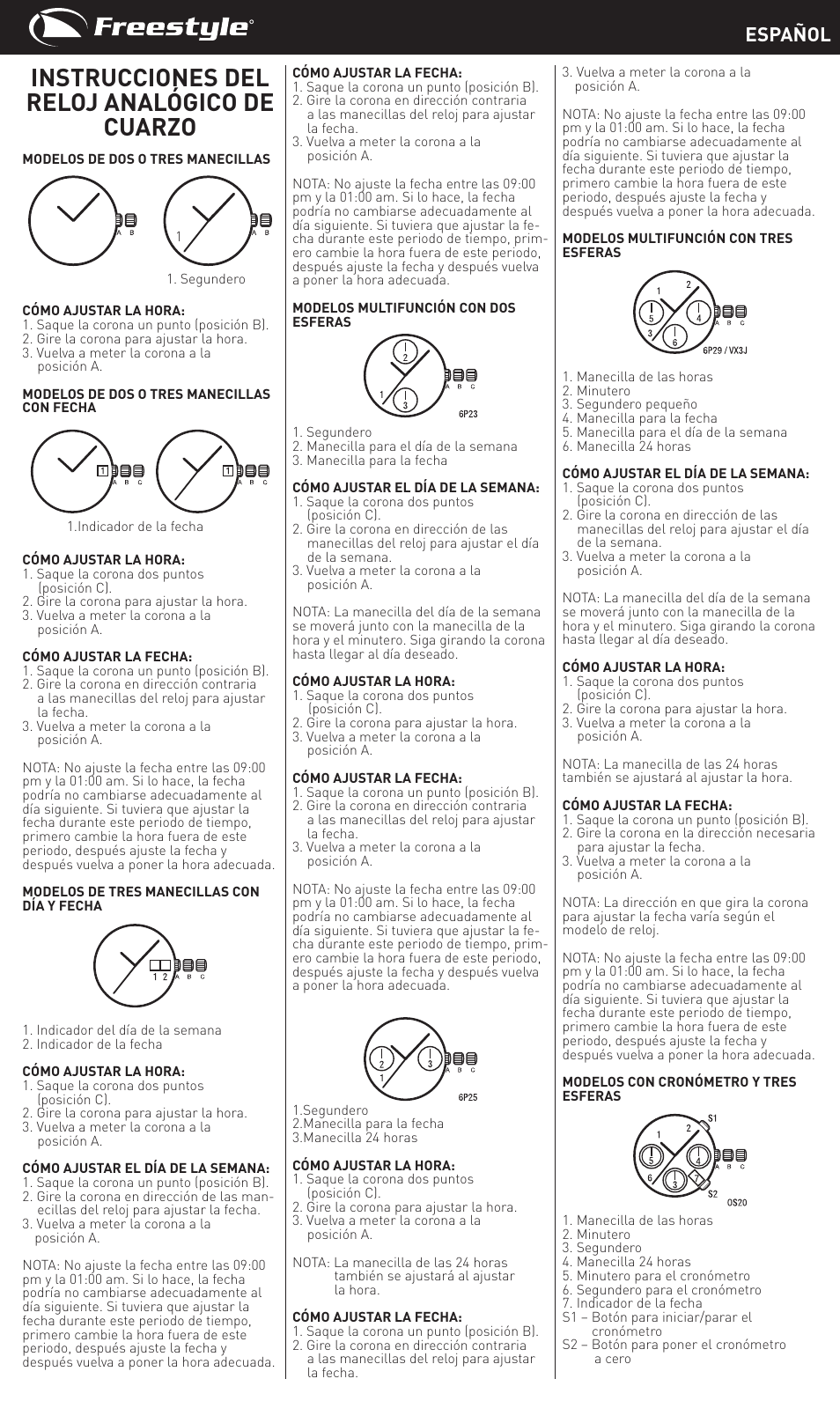 Instrucciones del reloj analógico de cuarzo, Español | Freestyle Quartz Analog User Manual | Page 3 / 14