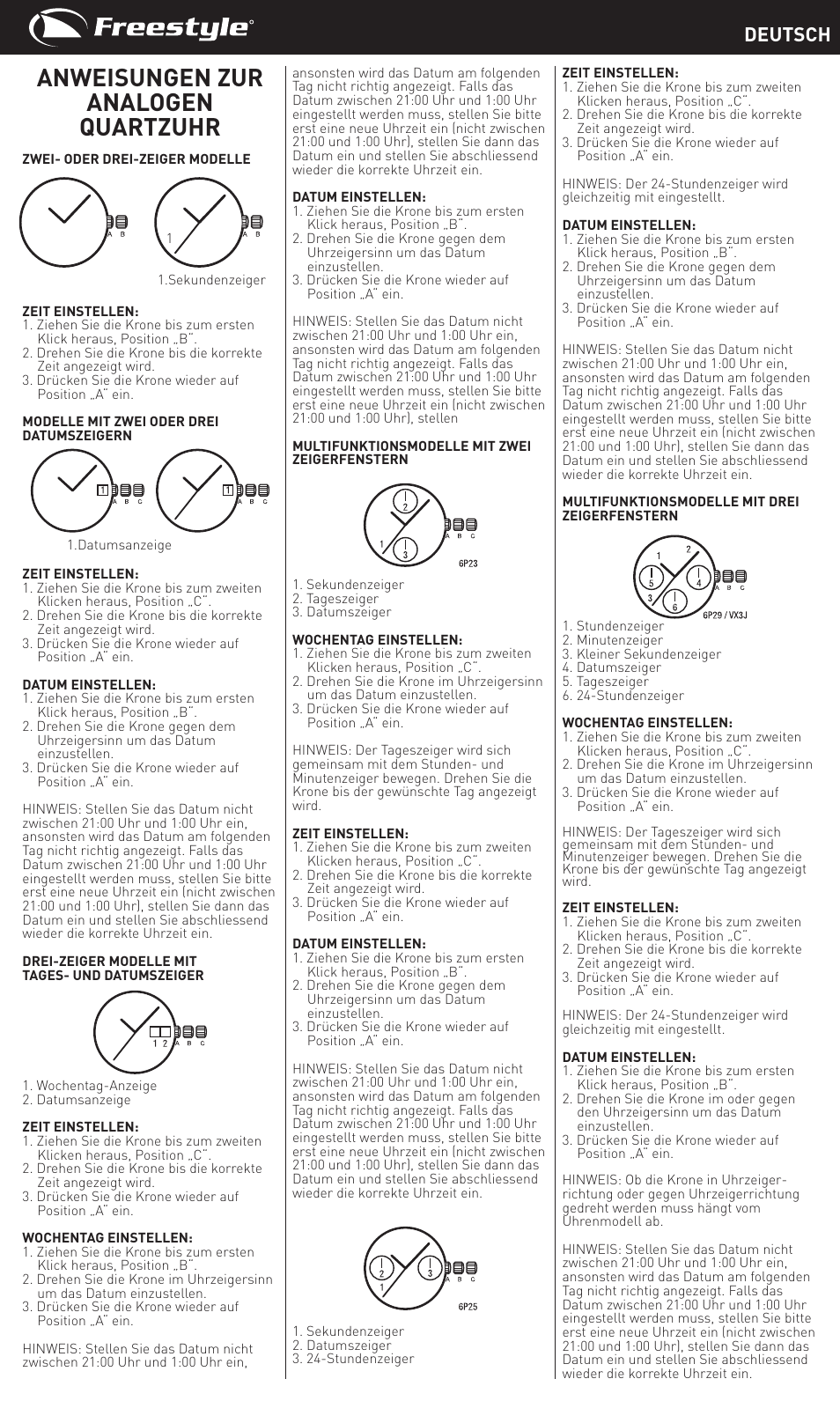 Anweisungen zur analogen quartzuhr, Deutsch | Freestyle Quartz Analog User Manual | Page 5 / 14