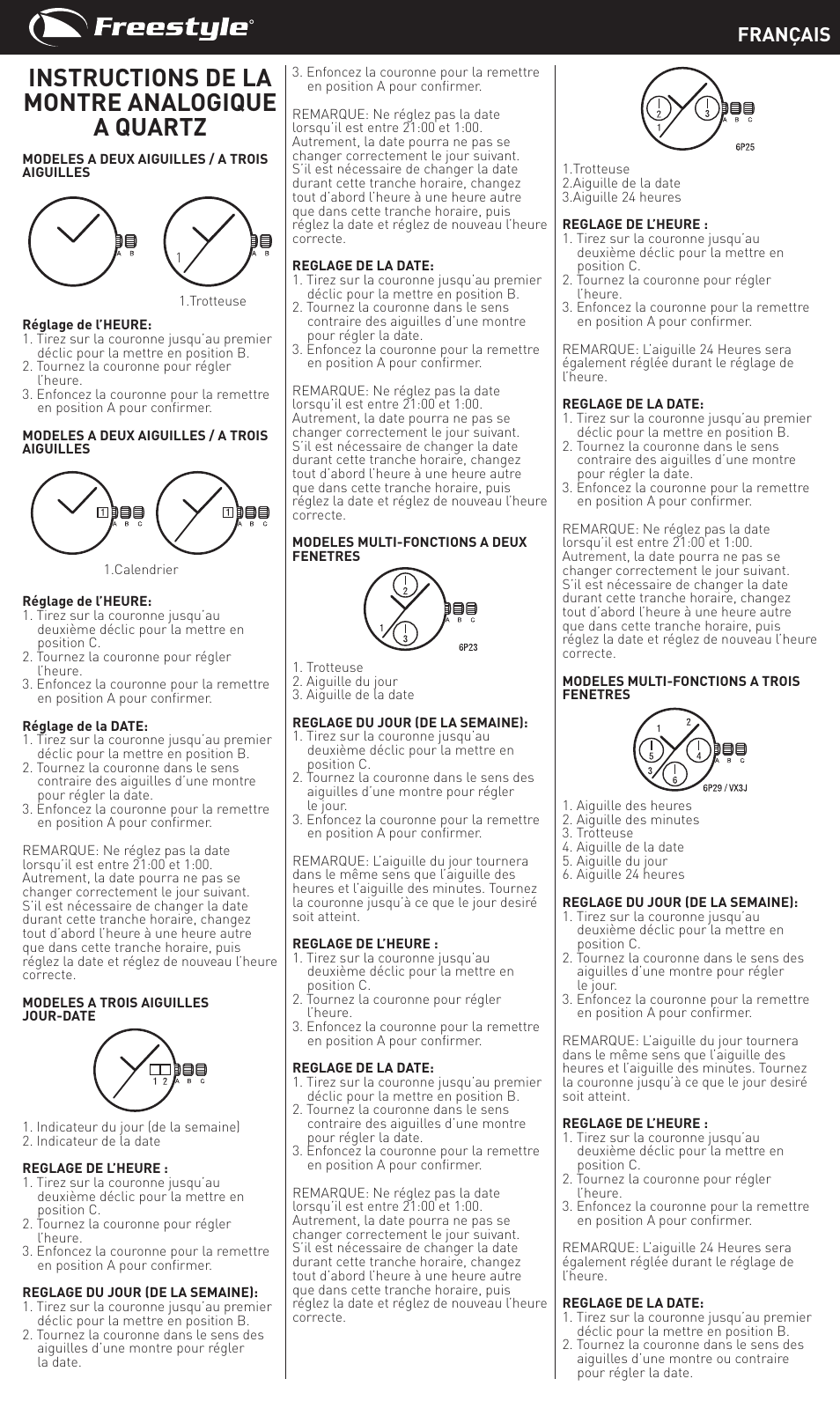 Instructions de la montre analogique a quartz, Français | Freestyle Quartz Analog User Manual | Page 7 / 14