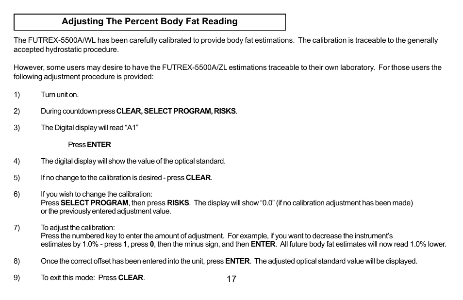 Futrex Body Fat and fitness Analyzer -5500A/WL User Manual | Page 17 / 40