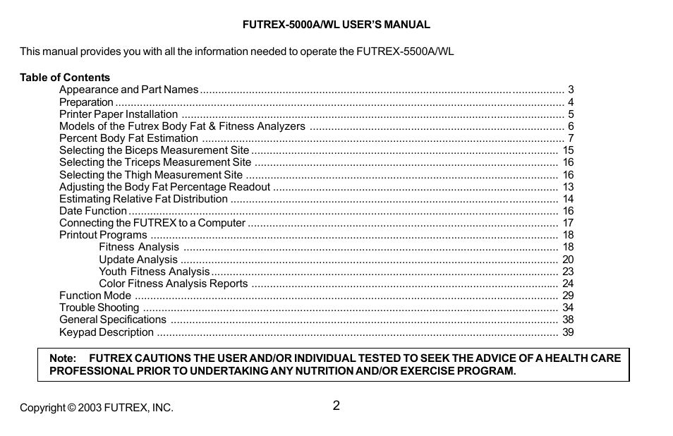 Futrex Body Fat and fitness Analyzer -5500A/WL User Manual | Page 2 / 40