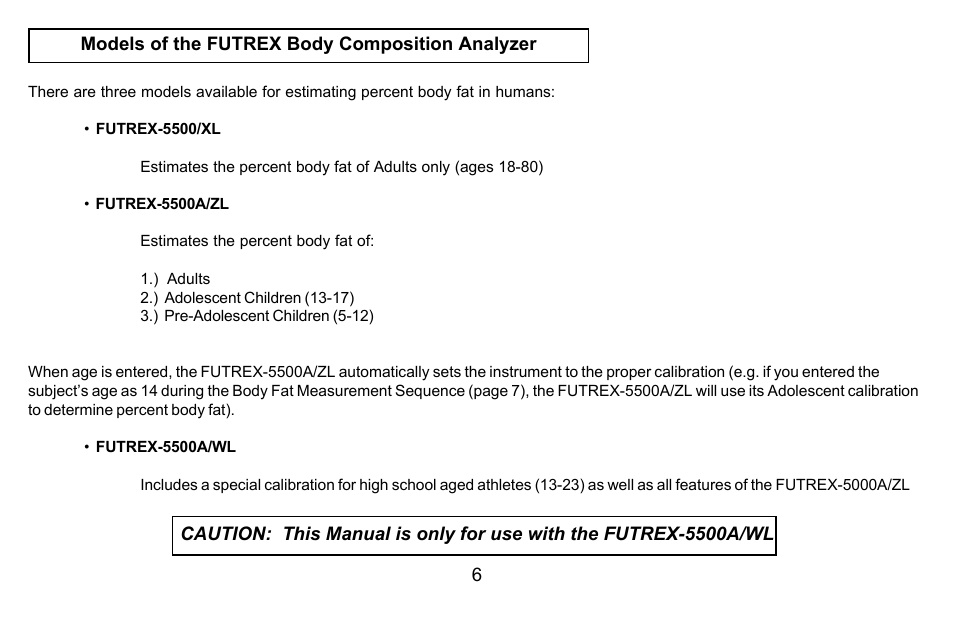 Futrex Body Fat and fitness Analyzer -5500A/WL User Manual | Page 6 / 40