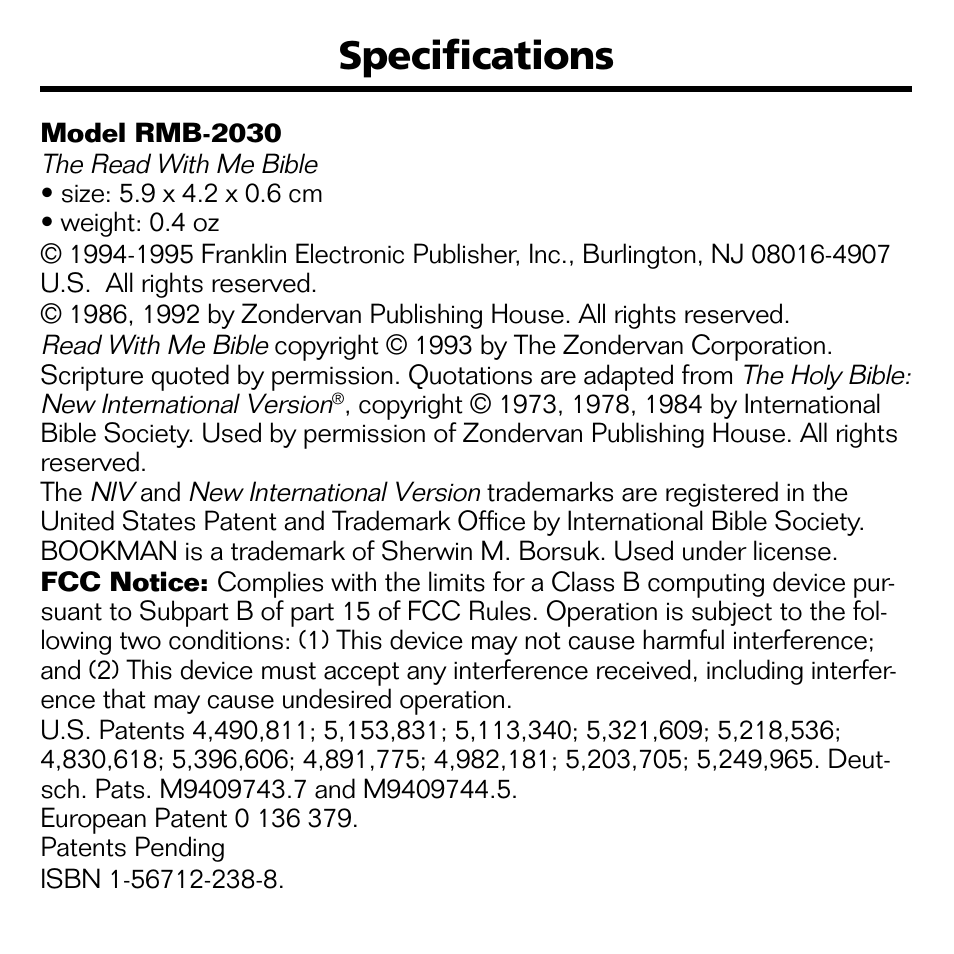 Specifications | Franklin RMB-2030 User Manual | Page 15 / 20