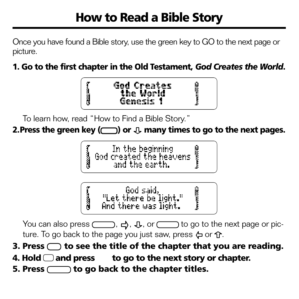 How to read a bible story | Franklin RMB-2030 User Manual | Page 8 / 20