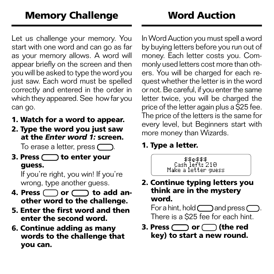 Word auction, For a hint, hold, And press | There is a $25 fee for each hint | Franklin WGM-2037 User Manual | Page 13 / 23