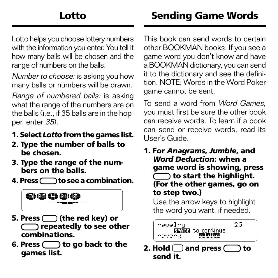 Lotto, Sending game words | Franklin WGM-2037 User Manual | Page 15 / 23
