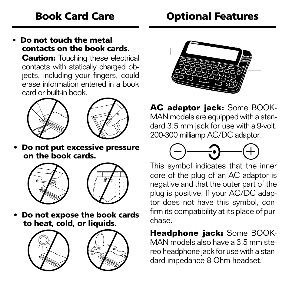 Optional features book card care | Franklin WGM-2037 User Manual | Page 17 / 23