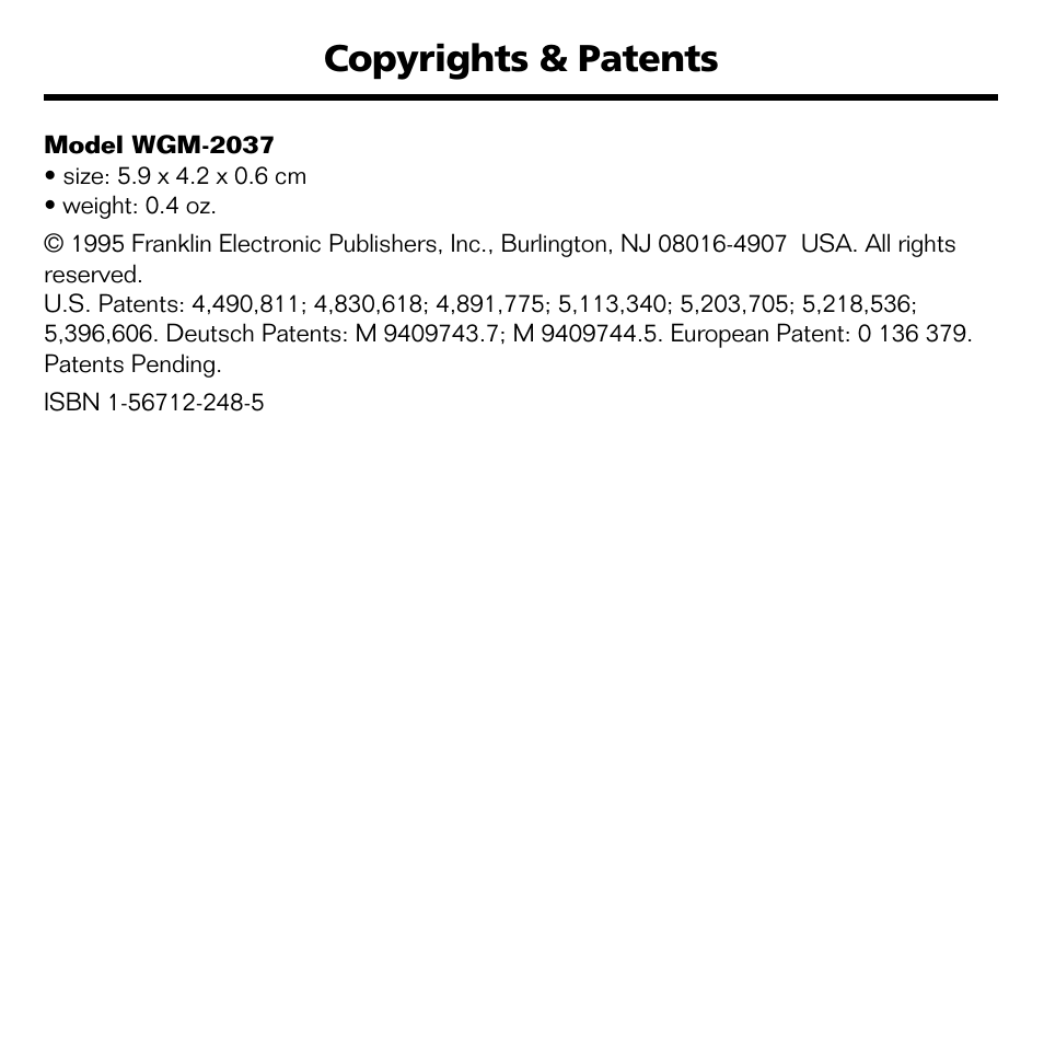 Copyrights & patents | Franklin WGM-2037 User Manual | Page 19 / 23