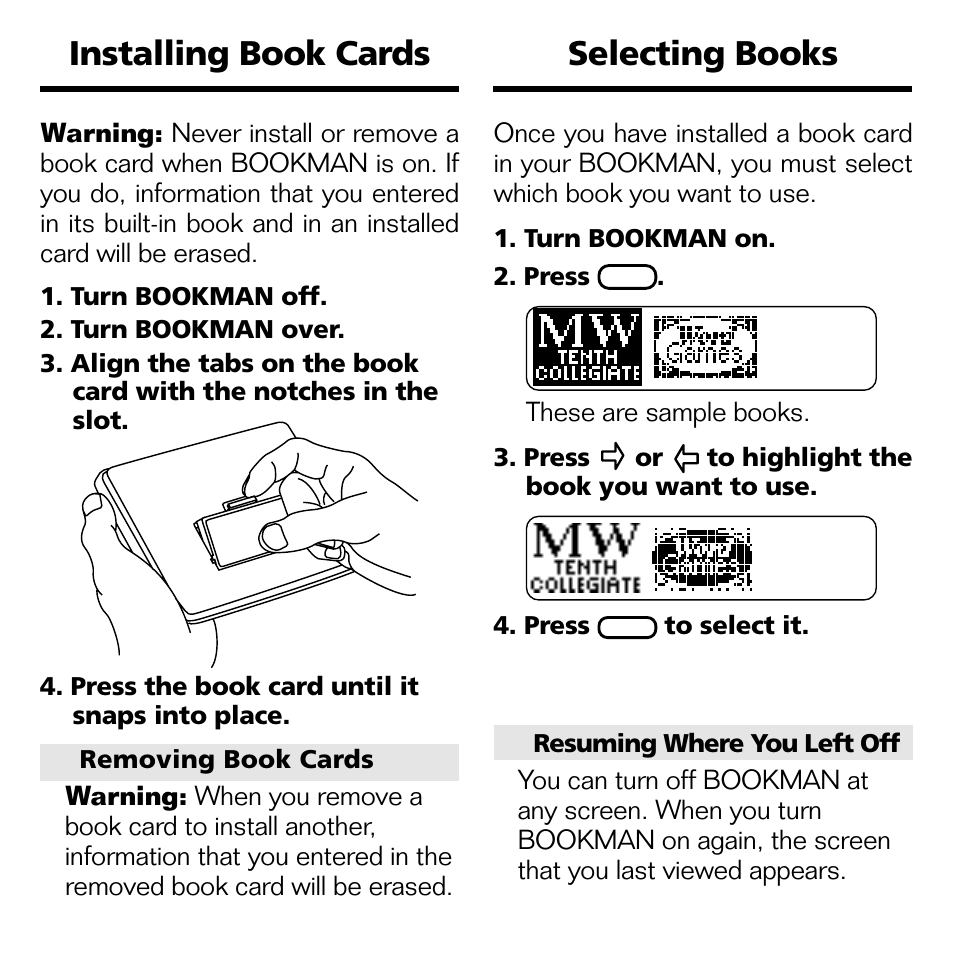 Installing book cards, Selecting books | Franklin WGM-2037 User Manual | Page 5 / 23