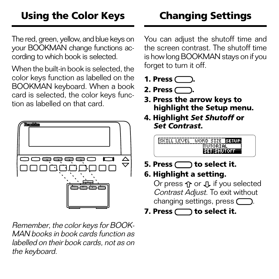 Using the color keys, Changing settings | Franklin WGM-2037 User Manual | Page 6 / 23