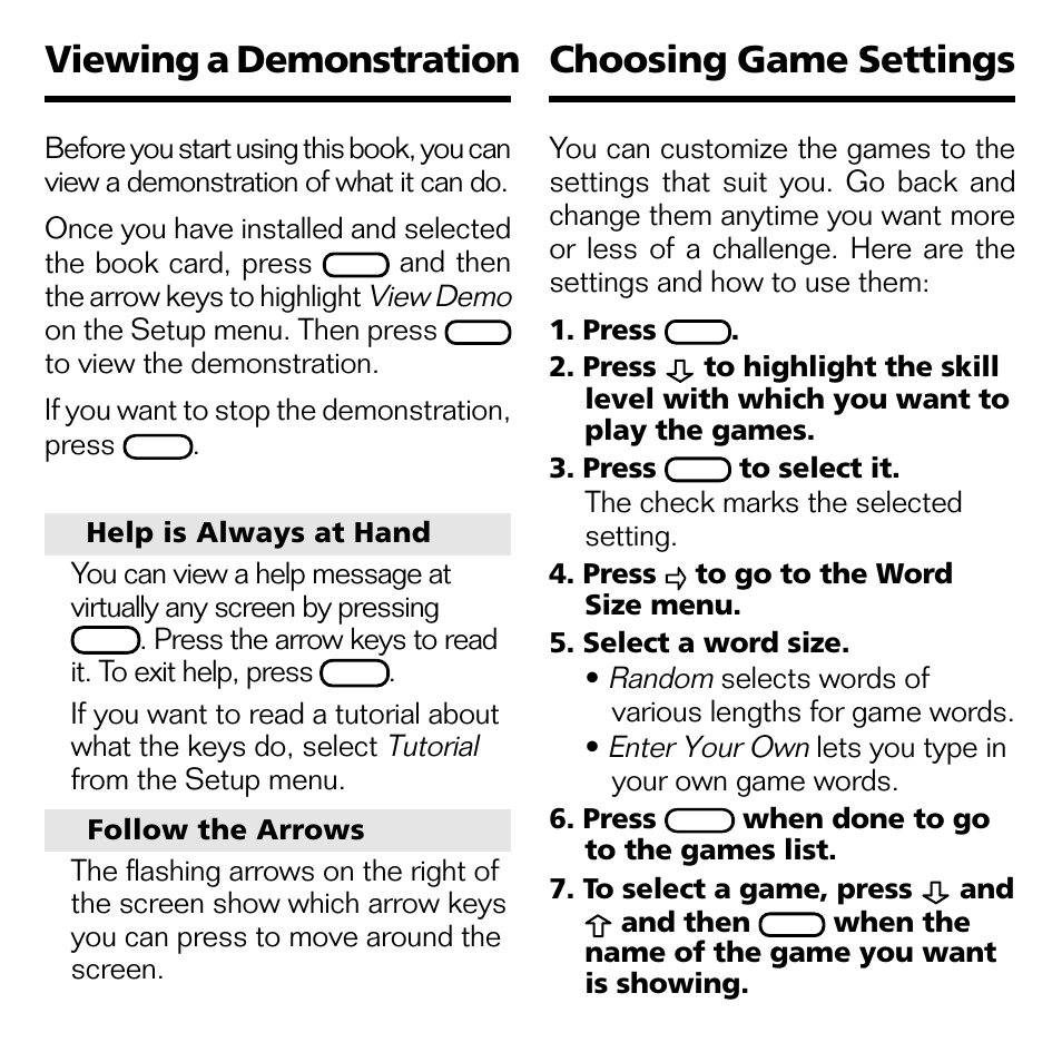 Choosing game settings viewing a demonstration | Franklin WGM-2037 User Manual | Page 7 / 23