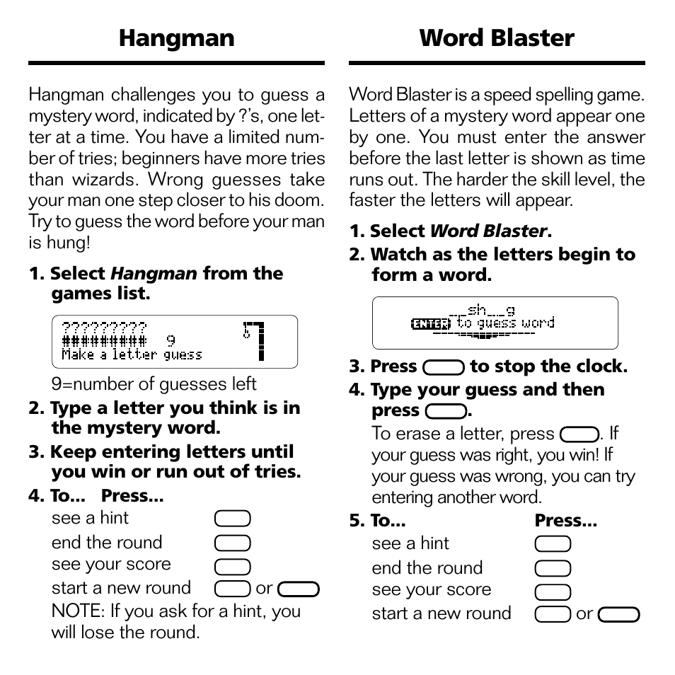 Hangman word blaster, 9=number of guesses left, See a hint | End the round, See your score, Start a new round | Franklin WGM-2037 User Manual | Page 9 / 23