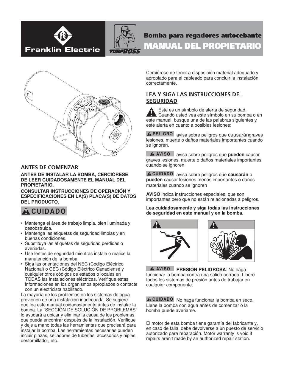 Manual del propietario, Bomba para regadores autocebante, Av i s o | Franklin TB2CI User Manual | Page 15 / 44