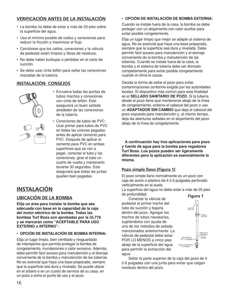 Verificación antes de la instalación, Instalación, Consejos | Ubicación de la bomba | Franklin TB2CI User Manual | Page 18 / 44