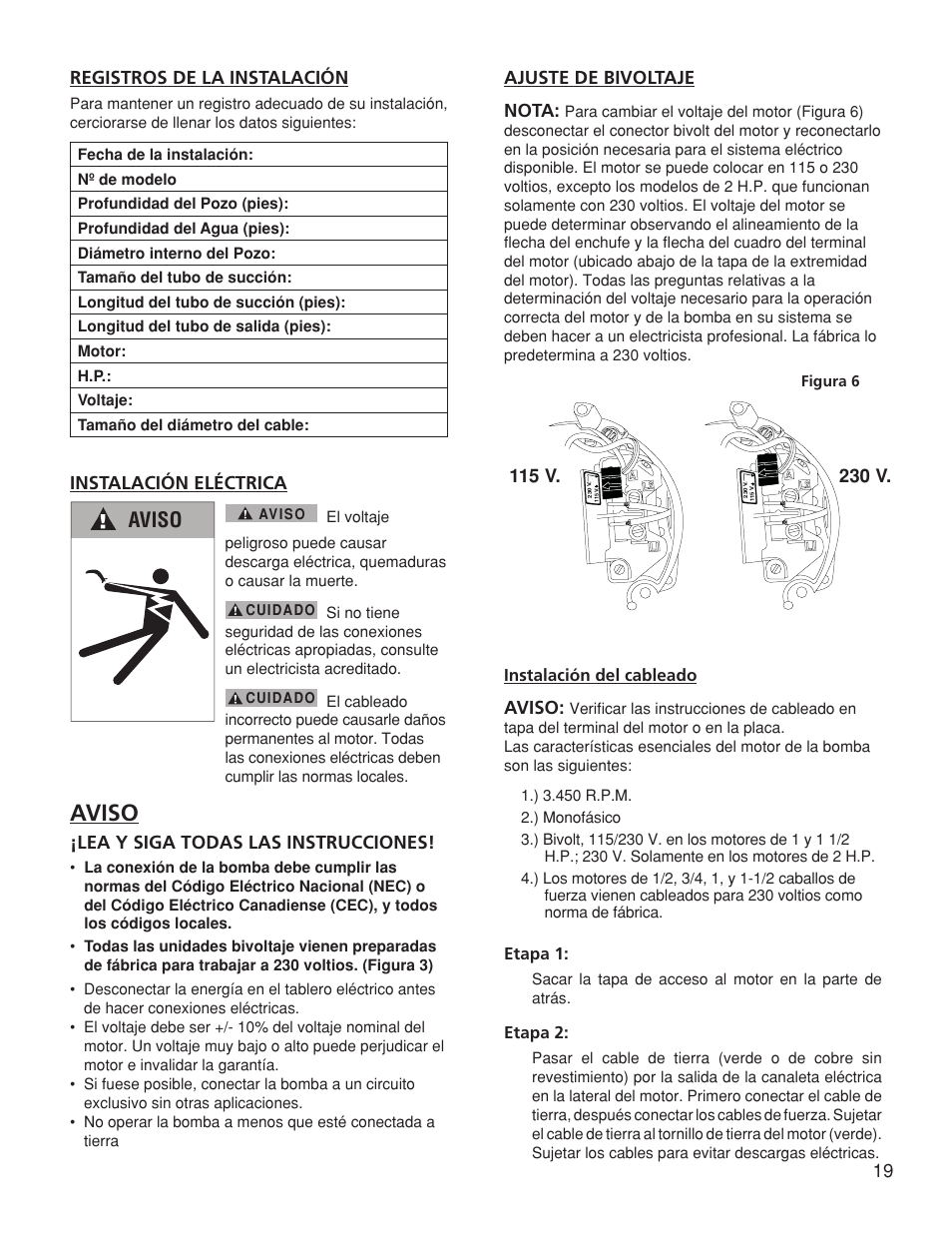 Aviso, 19 registros de la instalación, Instalación eléctrica | Lea y siga todas las instrucciones, Ajuste de bivoltaje nota | Franklin TB2CI User Manual | Page 21 / 44