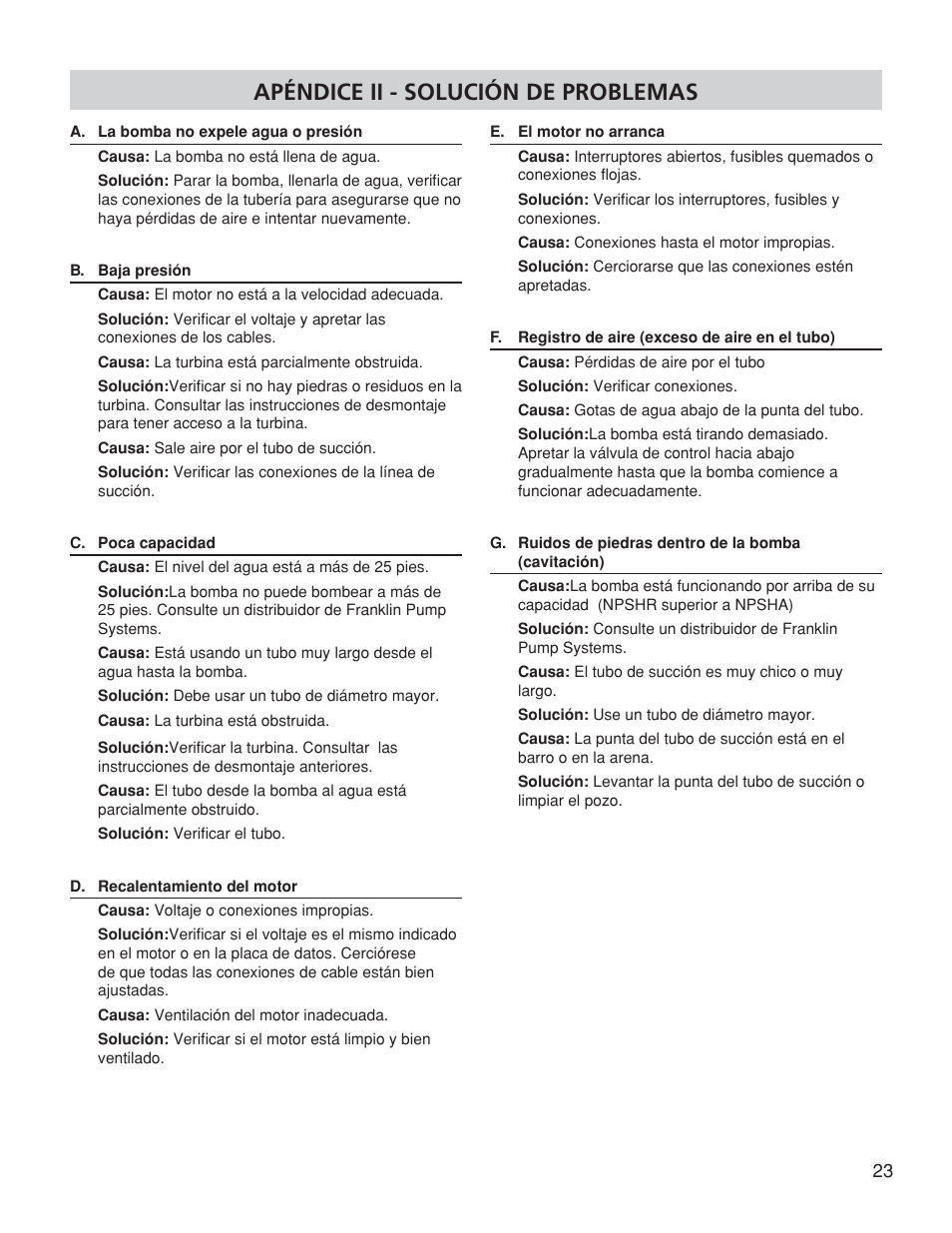 Apéndice ii - solución de problemas | Franklin TB2CI User Manual | Page 25 / 44