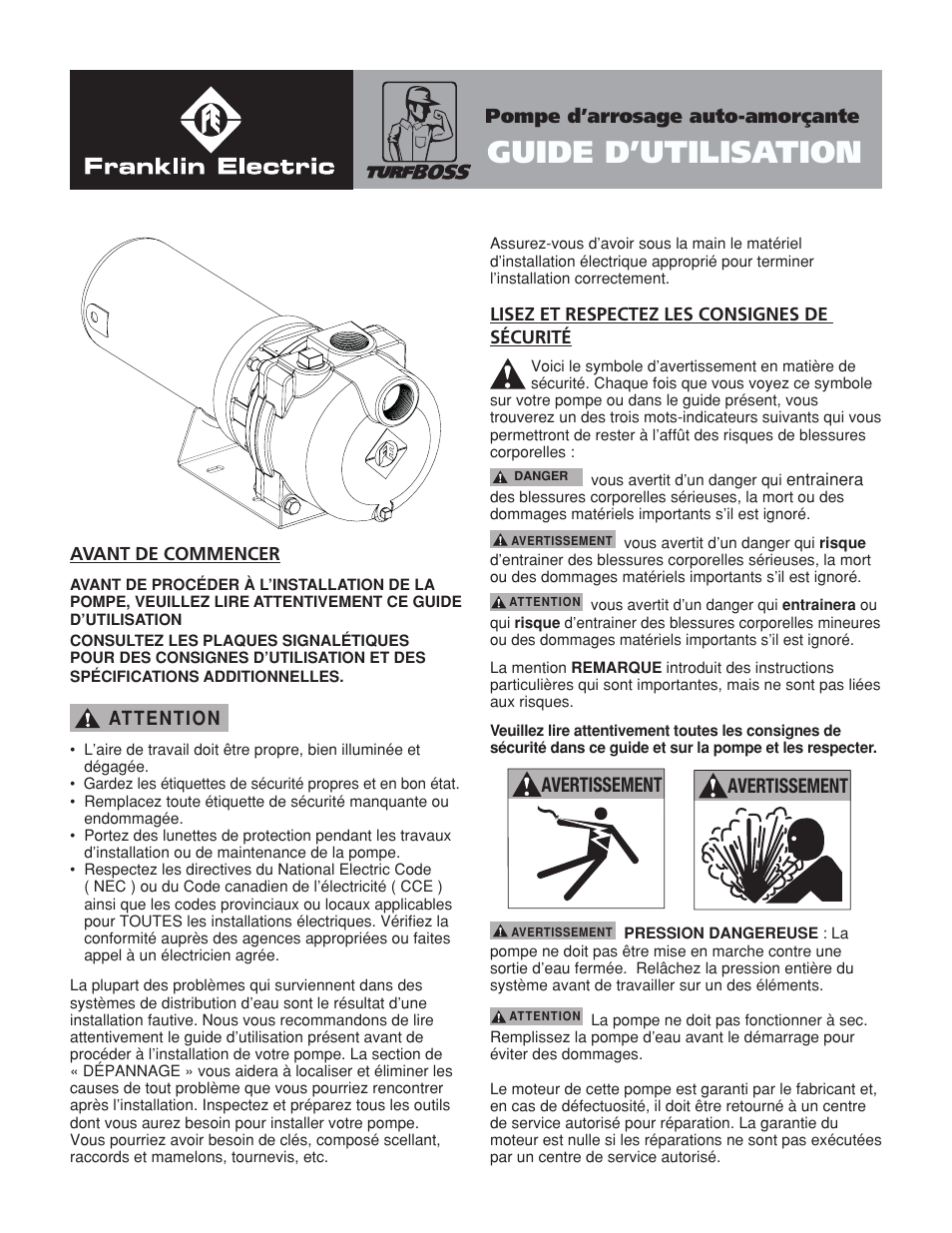 Guide d’utilisation, Pompe d’arrosage auto-amorçante | Franklin TB2CI User Manual | Page 29 / 44