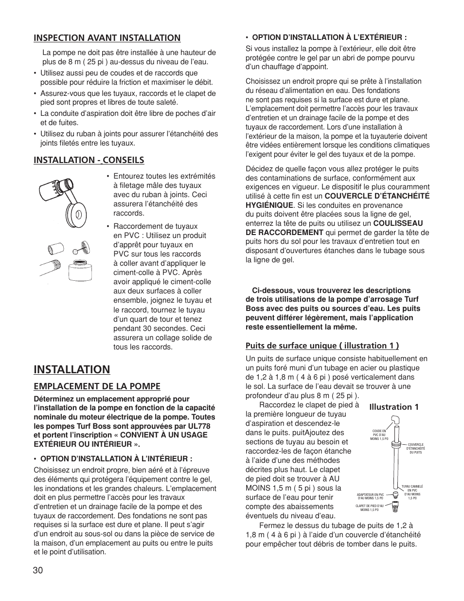 Inspection avant installation, Installation, Conseils | Emplacement de la pompe, Puits de surface unique ( illustration 1 ), Illustration 1 | Franklin TB2CI User Manual | Page 32 / 44