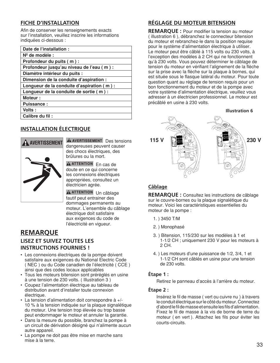 Remarque, 33 fiche d’installation, Installation électrique | Lisez et suivez toutes les instructions fournies, Réglage du moteur bitension remarque | Franklin TB2CI User Manual | Page 35 / 44