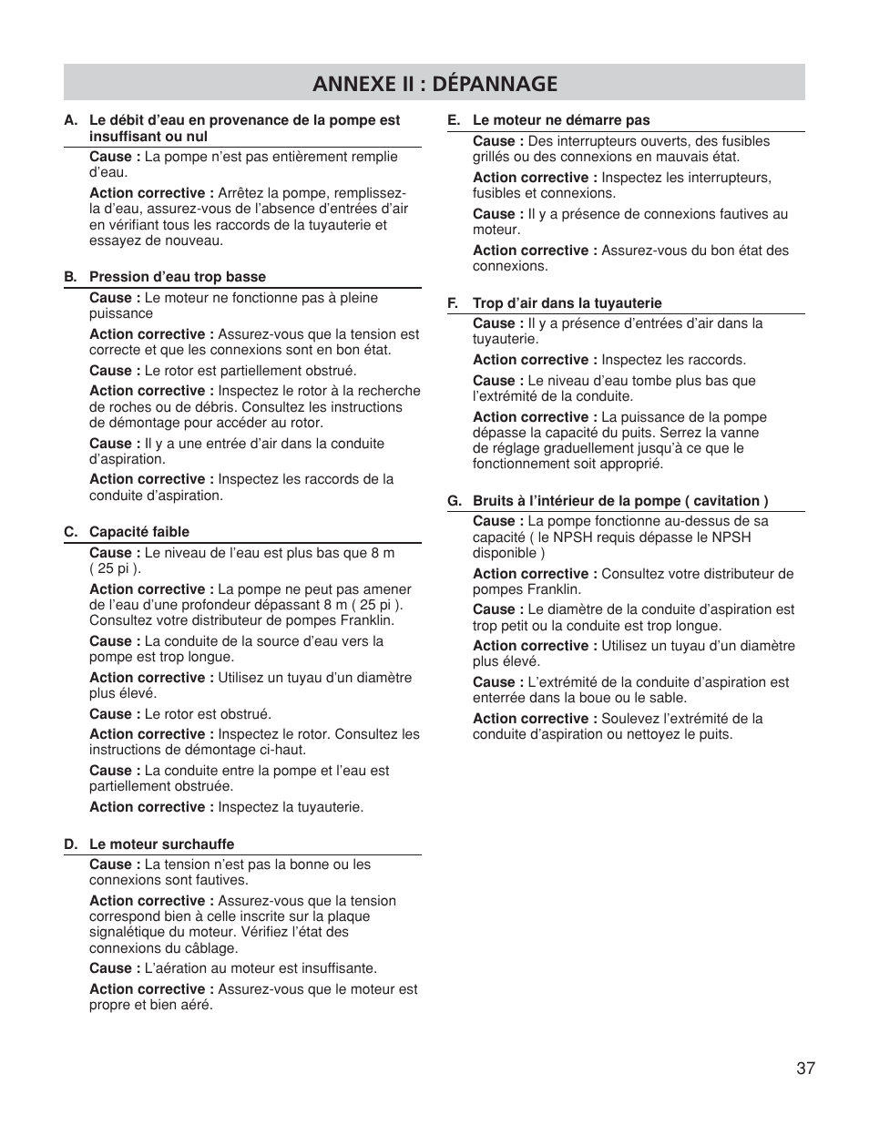 Annexe ii : dépannage | Franklin TB2CI User Manual | Page 39 / 44