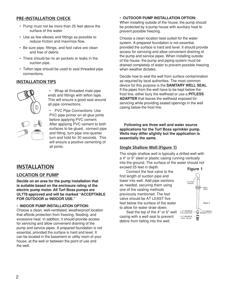 Pre-installation check, Installation, Tips | Location of pump | Franklin TB2CI User Manual | Page 4 / 44