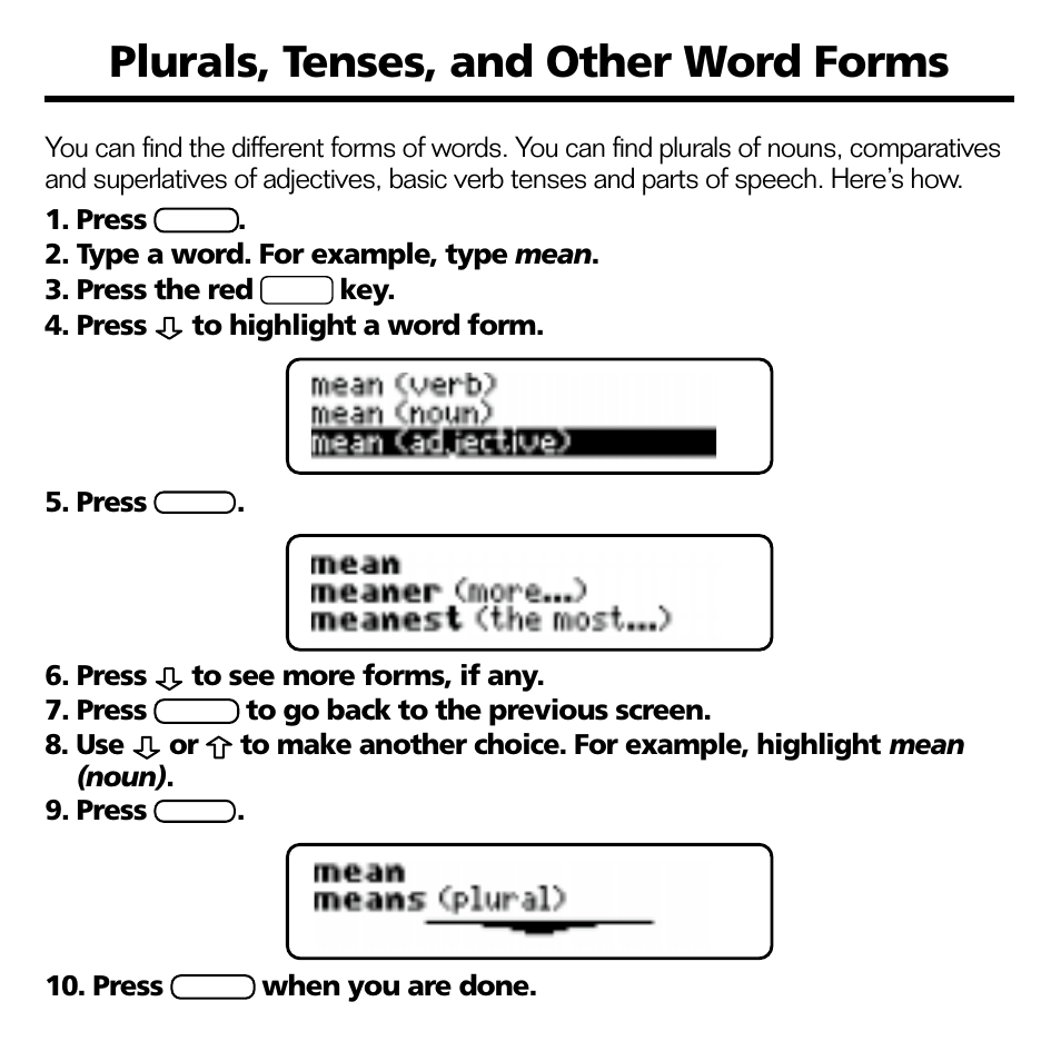 Plurals, tenses, and other word forms | Franklin BOOKMAN CED-2031 User Manual | Page 15 / 27