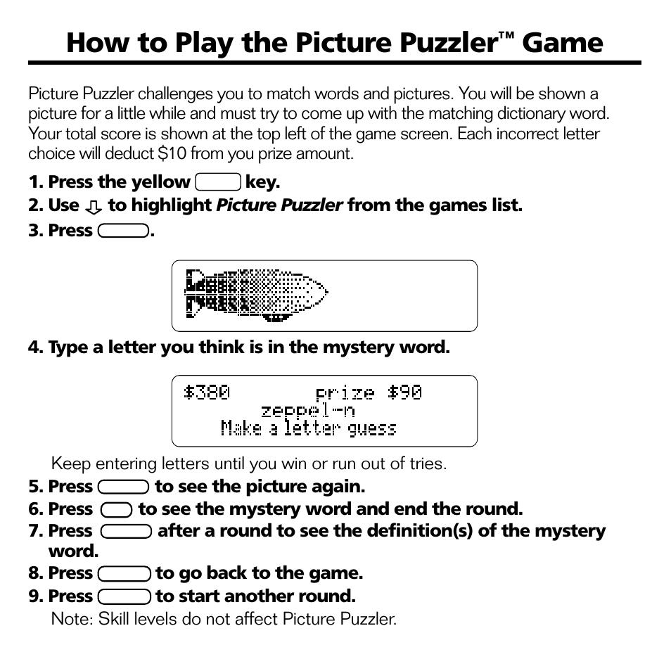 How to play the picture puzzler, Game | Franklin BOOKMAN CED-2031 User Manual | Page 20 / 27