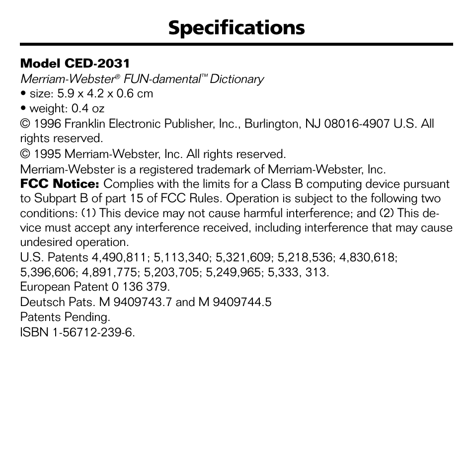 Specifications | Franklin BOOKMAN CED-2031 User Manual | Page 23 / 27