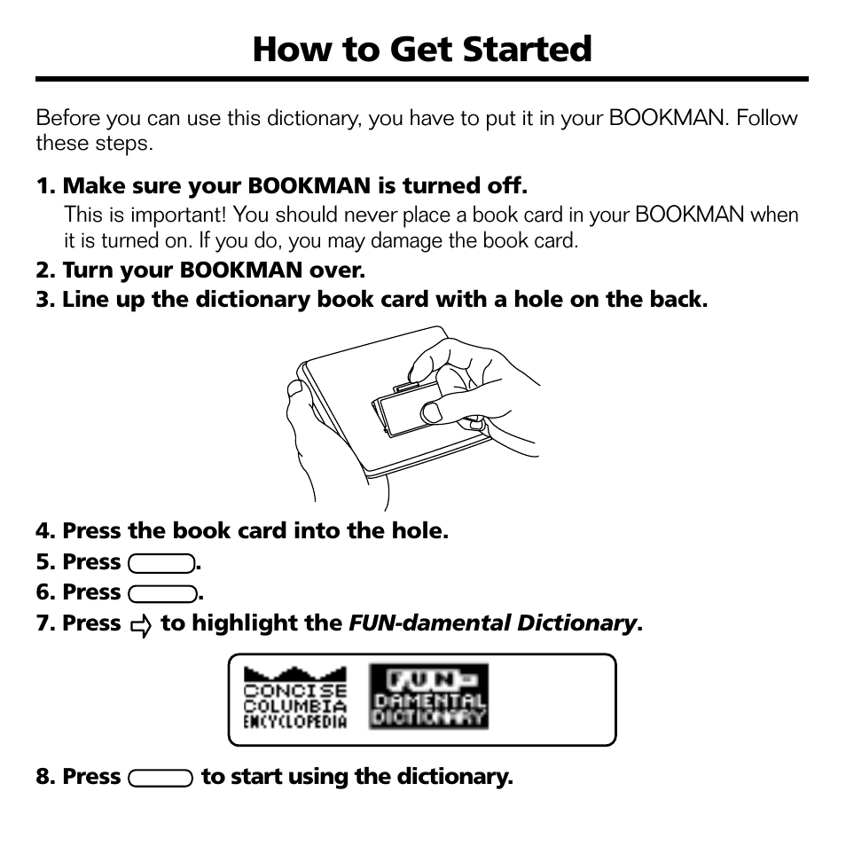 How to get started | Franklin BOOKMAN CED-2031 User Manual | Page 5 / 27