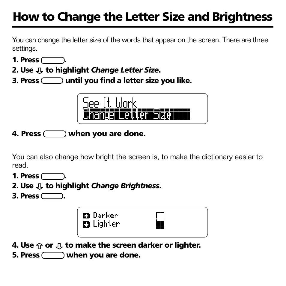 How to change the letter size and brightness | Franklin BOOKMAN CED-2031 User Manual | Page 7 / 27