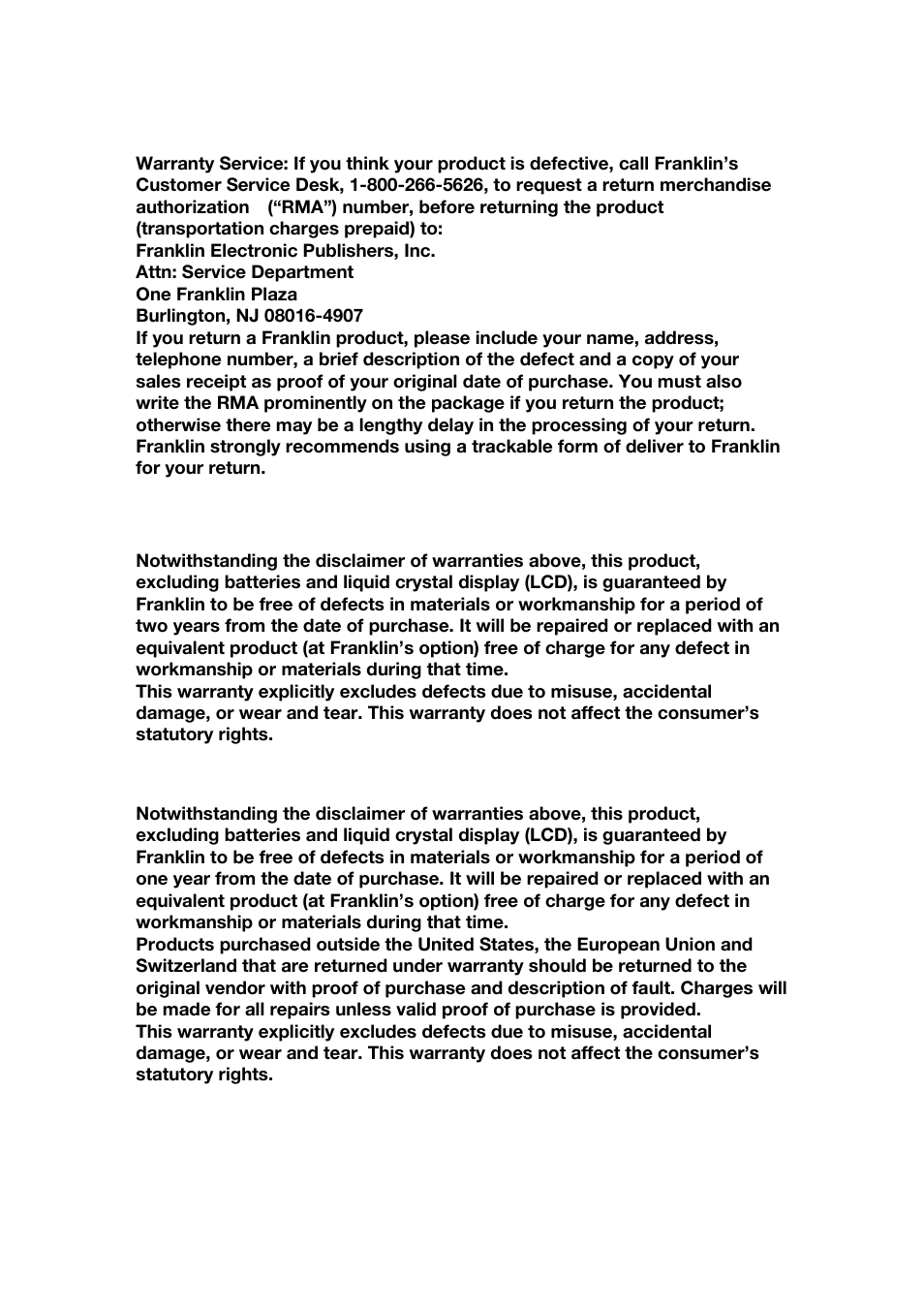 Limited warranty (eu and switzerland) | Franklin CBC-100 User Manual | Page 15 / 16