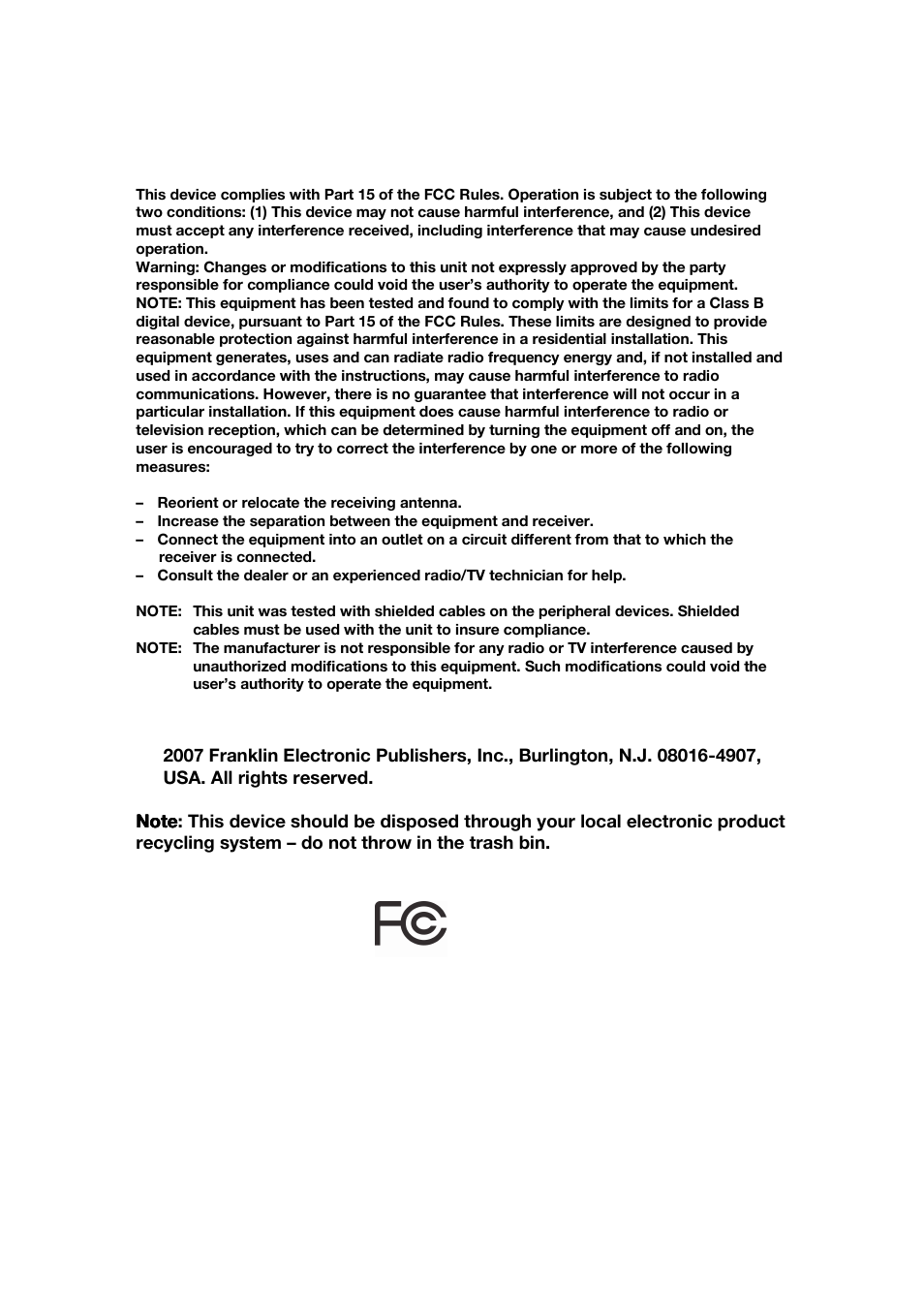 Fcc notice, Copyrights, patents and trademarks | Franklin CBC-100 User Manual | Page 16 / 16