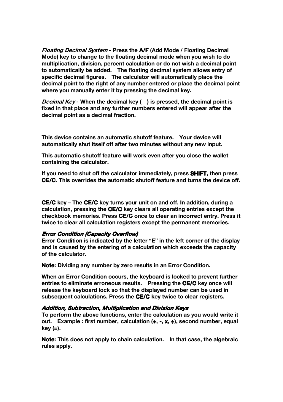 Shutting off the calculator, Clear key and math functions | Franklin CBC-100 User Manual | Page 4 / 16