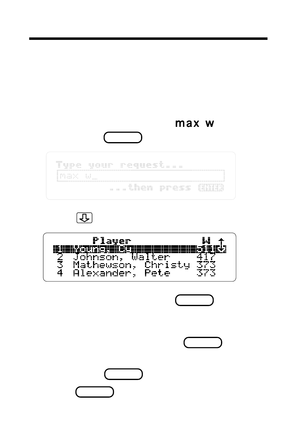 Best and worst pitching stats, Type the request, Or use the menus | Franklin F IC-129 User Manual | Page 31 / 64