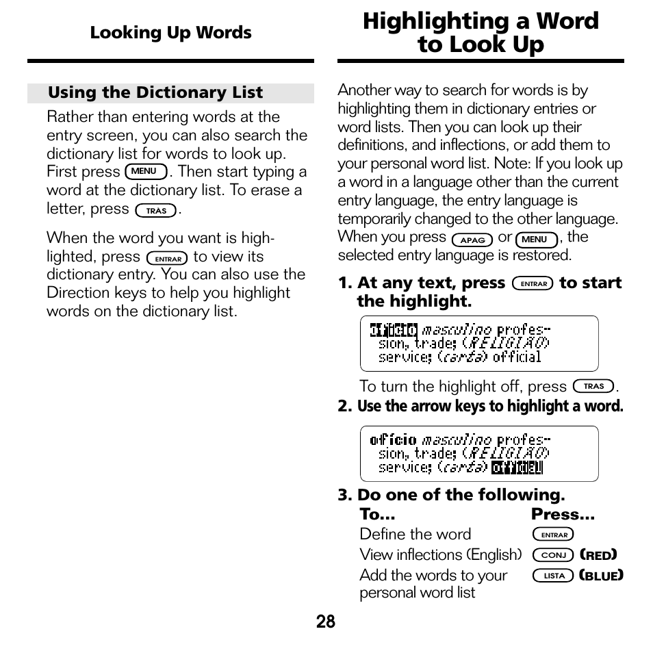 Highlighting a word, Highlighting a word to look up, 28 looking up words | Franklin Perito Ingles Portuguese Expert DBP-2076 User Manual | Page 10 / 21