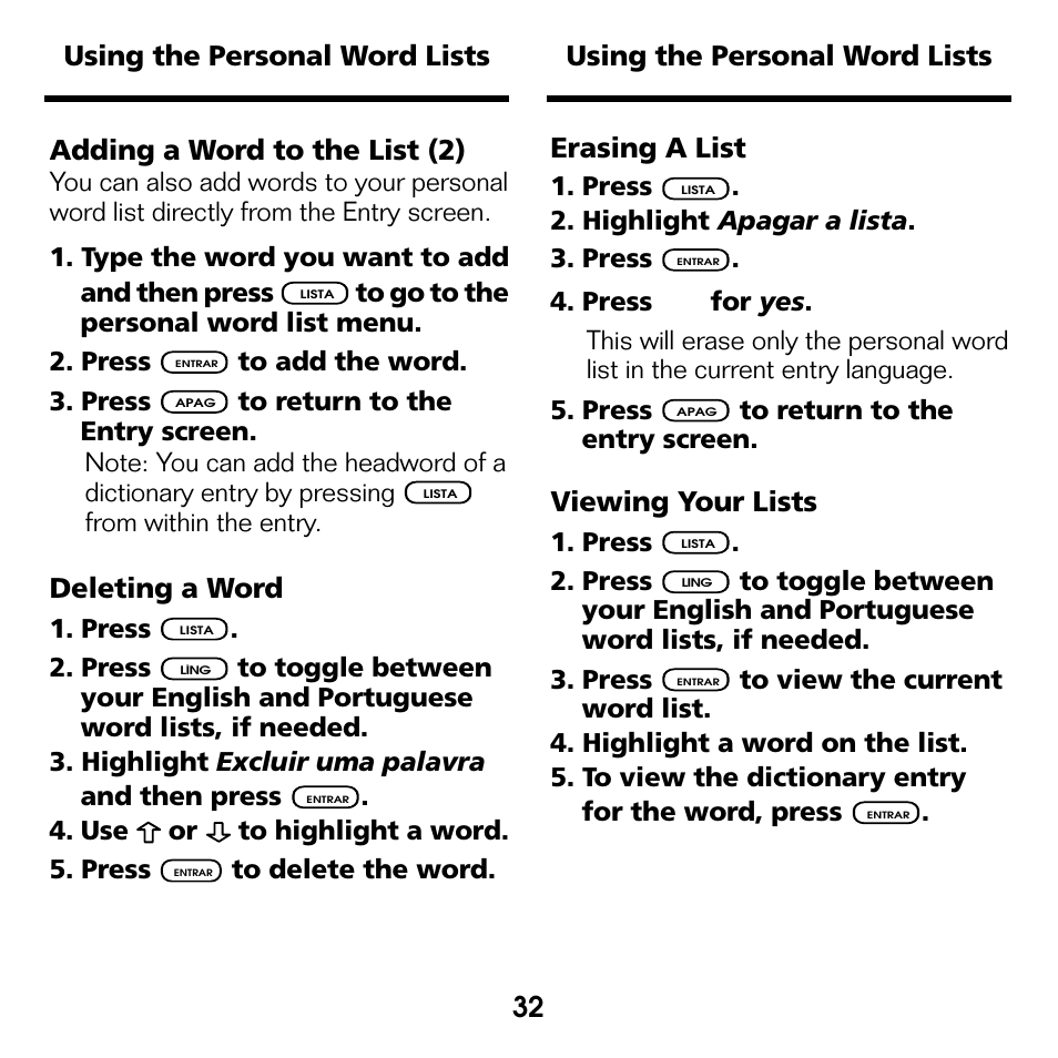 Deleting a word, Viewing your lists, Erasing a list | Franklin Perito Ingles Portuguese Expert DBP-2076 User Manual | Page 14 / 21
