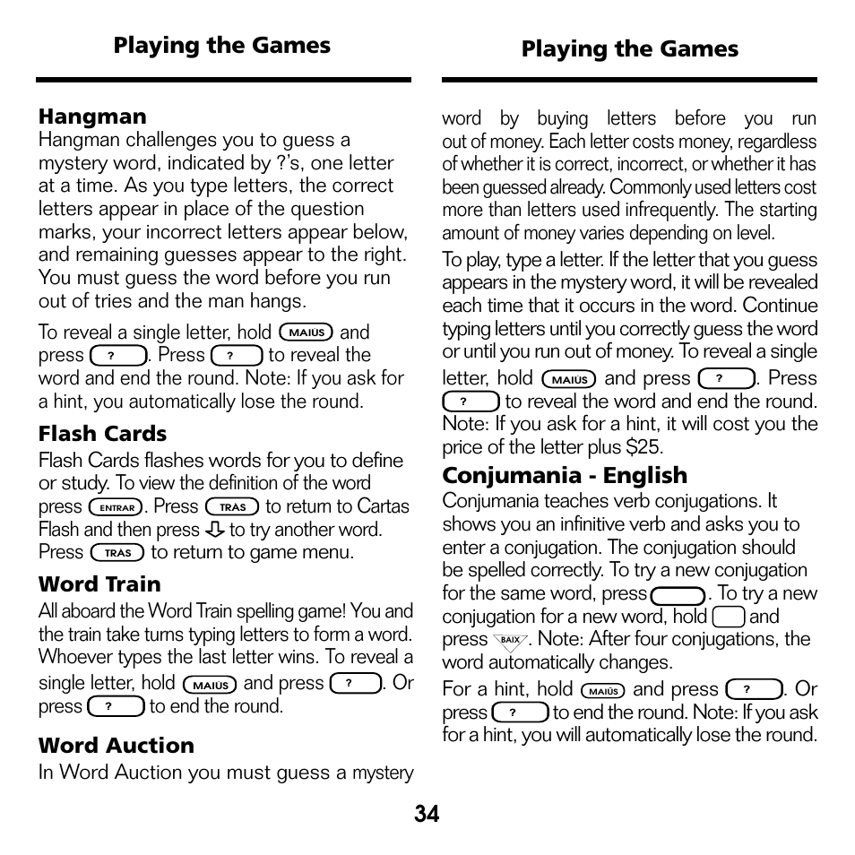 34 playing the games playing the games, Conjumania - english, Hangman | Flash cards, Word train, Word auction, And press, Press, Or press | Franklin Perito Ingles Portuguese Expert DBP-2076 User Manual | Page 16 / 21