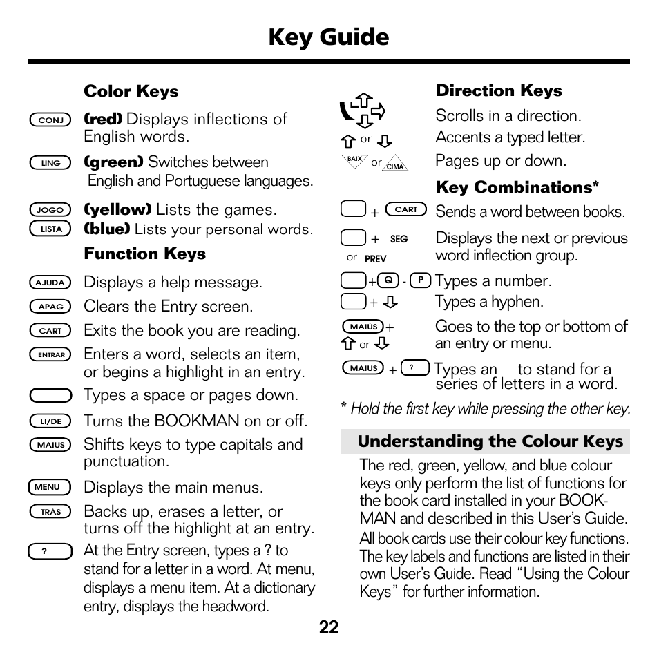 Key guide, Color keys, Red) displays inflections of english words | Yellow) lists the games. (blue), Function keys, Displays a help message, Clears the entry screen, Exits the book you are reading, Turns the bookman on or off, Shifts keys to type capitals and punctuation | Franklin Perito Ingles Portuguese Expert DBP-2076 User Manual | Page 4 / 21